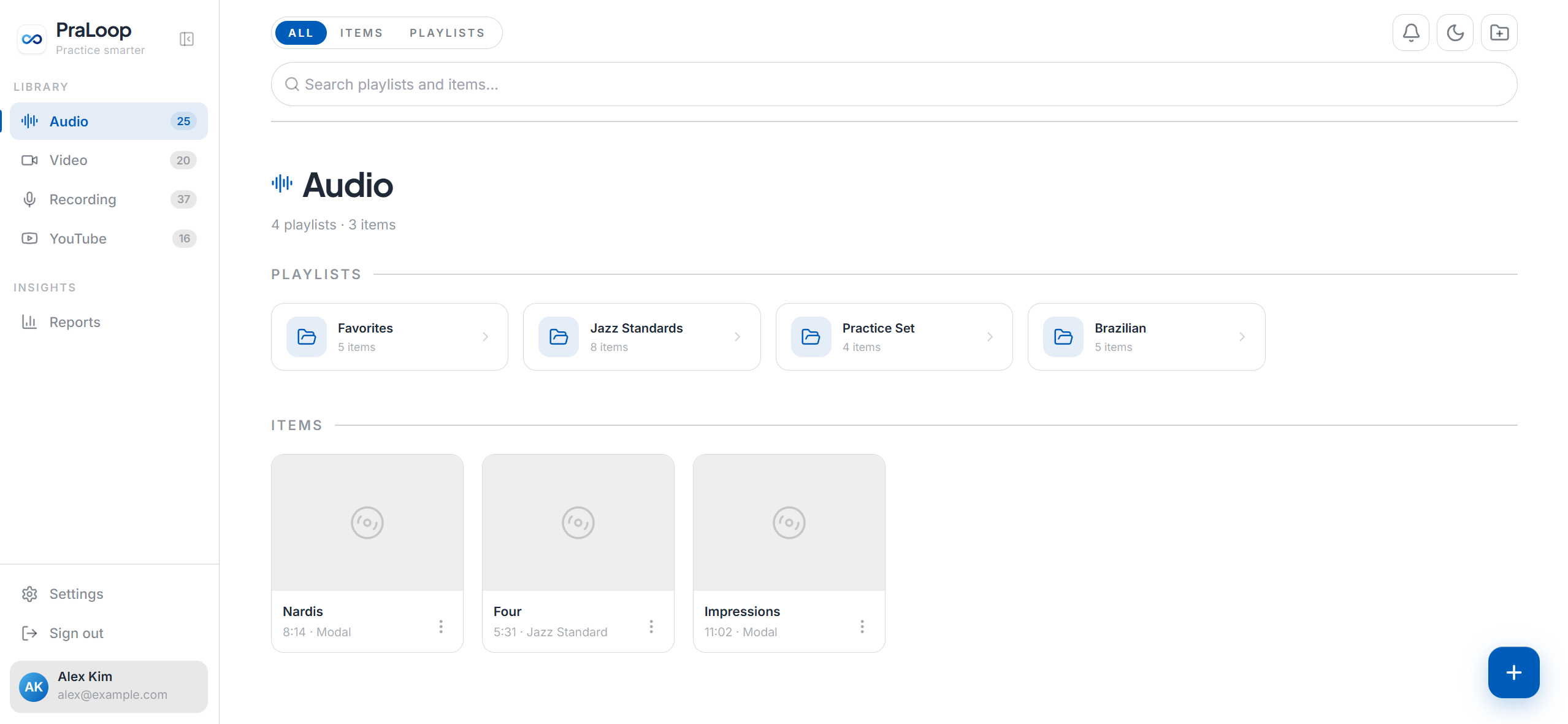 PraLoop Web app library screen